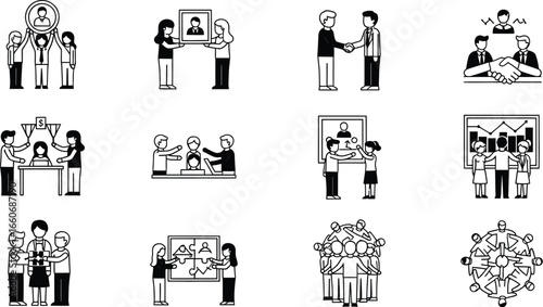 Black and white illustrations depicting teamwork collaboration and business interactions
