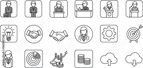 Business and finance icons in black and white featuring people money charts and other related symbols