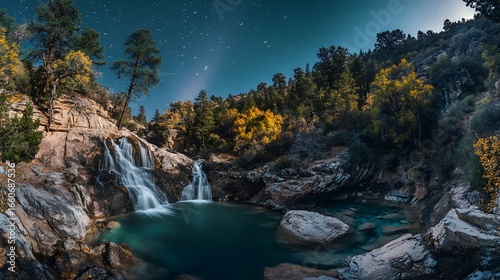 Night Sky Star Trails Above Autumn Waterfall