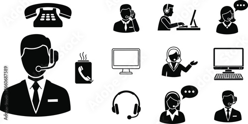 Various black and white customer service icons showcasing support and communication channels available online