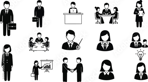 A collection of black and white business icons depicting various professional scenarios and interactions