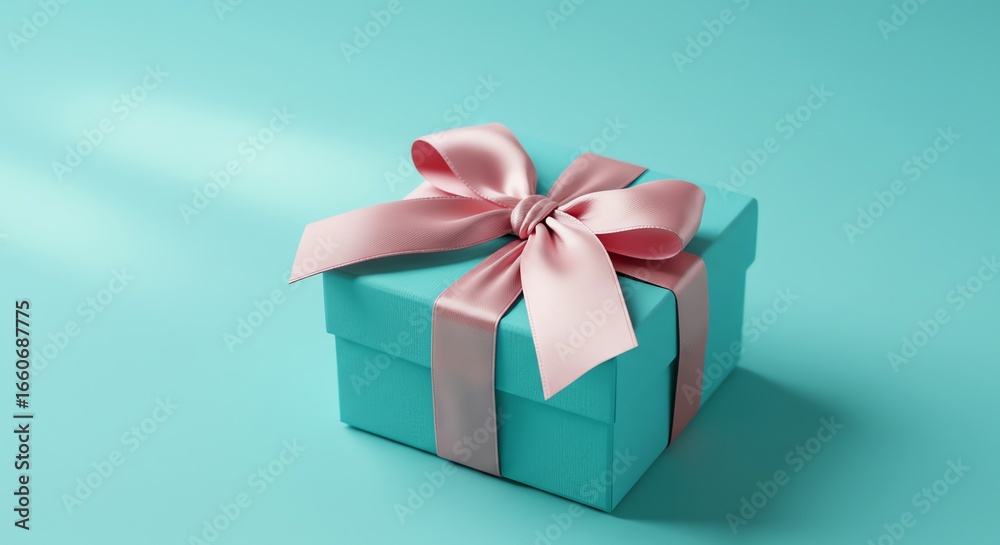 Gift box with pink ribbon on blue background Gift box with pink ribbon on blue background