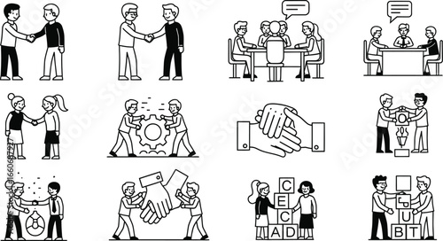 A collection of black and white line art icons depicting business meetings and collaboration scenarios