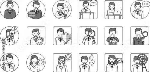 Collection of business people icons in various roles and professions in black and white style set