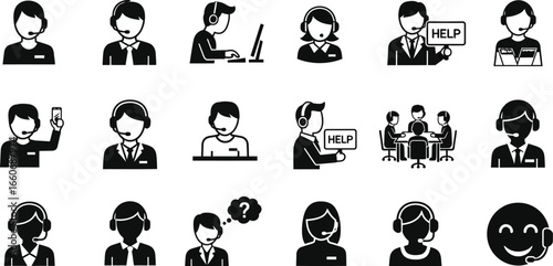 Collection of customer service representative icons in black and white vector format design set