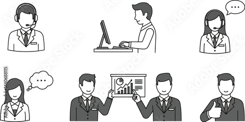 Illustration of business people in various roles including support presentation and computer work icons