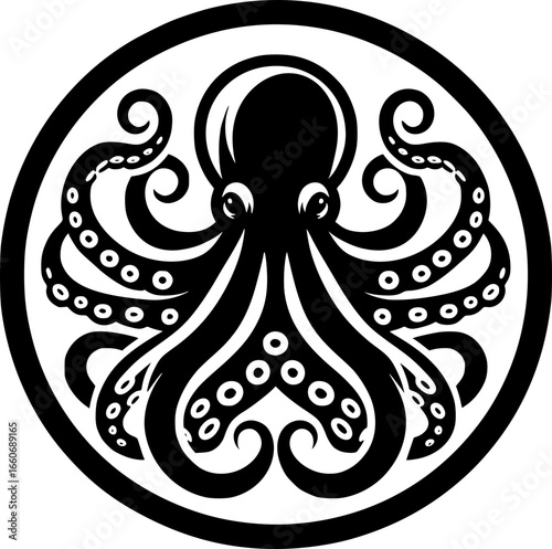 Minimalist black and white vector icon of an octopus. Clean, modern, geometric style perfect for logos, stickers, or digital use.