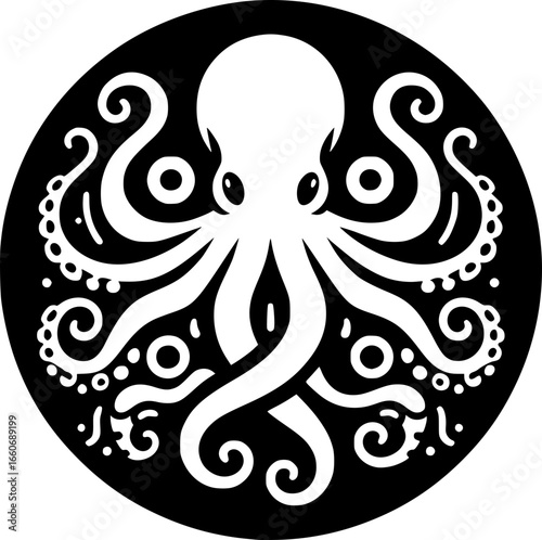 Minimalist black and white vector icon of an octopus. Clean, modern, geometric style perfect for logos, stickers, or digital use.