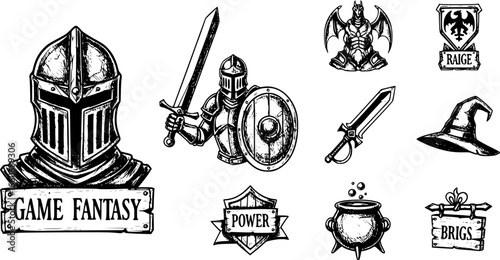 Set of sketched silhouettes: game fantasy, magic dungeon, medieval warrior avatar, fairytale sign. Knight battle sword, armour helmet, power weapon, witch hat, potion cauldron. Fantasy kit