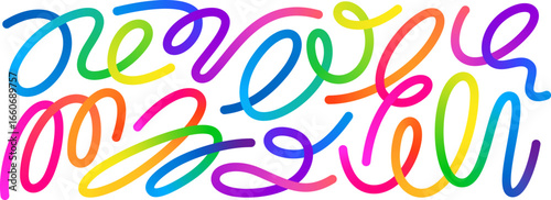 Abstract Gradient Color Lines Set. 3D Wave Line Shapes Pattern. Vector Spiral Rainbow Color Ribbons Isolated on a White Background.