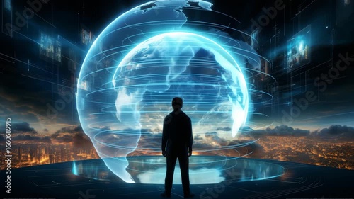 Futuristic Scene with Man Watching Holographic Earth Projection