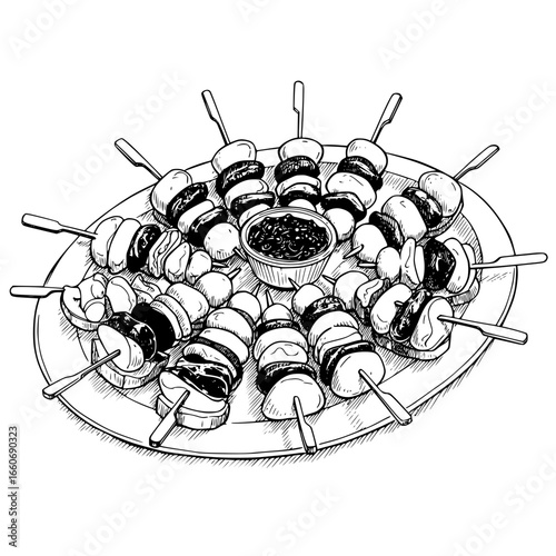 Grilled kebabs arranged on a platter with dipping sauce in center  - antipasto skewers platter 