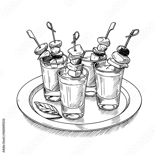 antipasto skewers platter in shot glasses on a decorative plate  