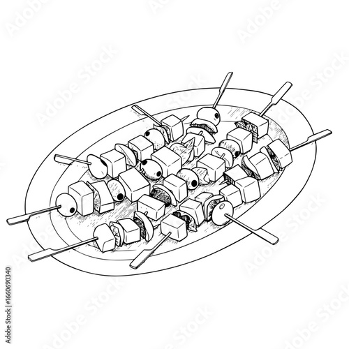 antipasto skewers platter on a white platter in a linear style  