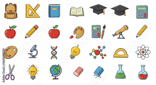 Unique Education Vector Icons Set Flat Outline Silhouette Geometric and Cartoon Styles