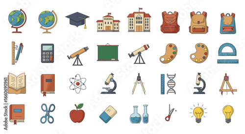Unique Education Vector Icons Set Flat Outline Silhouette Geometric and Cartoon Styles