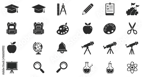 Unique Education Vector Icons Set Flat Outline Silhouette Geometric and Cartoon Styles