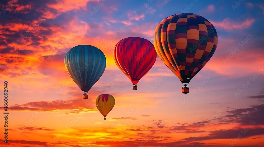 Fototapeta premium Colorful Hot Air Balloons Soaring at Sunset