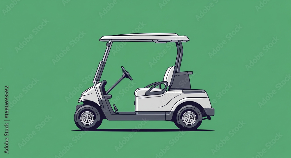 Fototapeta premium Illustration of a white golf cart with a green background in side profile view