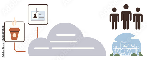 Cloud network links ID badge, coffee cup icon, shopping mall, and people. Ideal for connectivity, urban life, cloud technology, network economy modern lifestyle communication. Simple flat metaphor