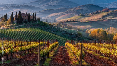 Italian Vineyard Scenery At Dawn Rolling Hills And Golden Sunlight