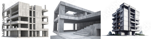 Architectural Models Of Buildings In Concrete On Transparent Background Showing Structure Design And Construction