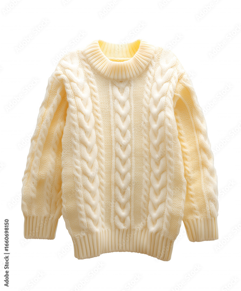 Obraz premium Cream-colored knitted sweater with cable pattern on transparent background
