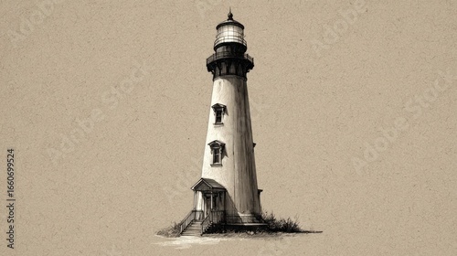 Pen sketch of a white lighthouse on textured paper, with a conical tower and a beacon
