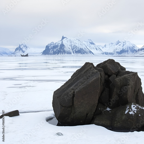 Frozen Vestpolltjonna bay-Ruiten and Langstrandtindan mounts background. Austvagoya-Nordland fylke-Norway. 0103