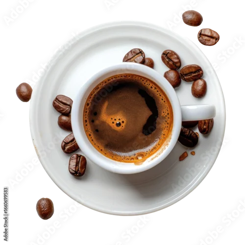 Fototapeta samoprzylepna Overhead view of a cup of espresso with coffee beans