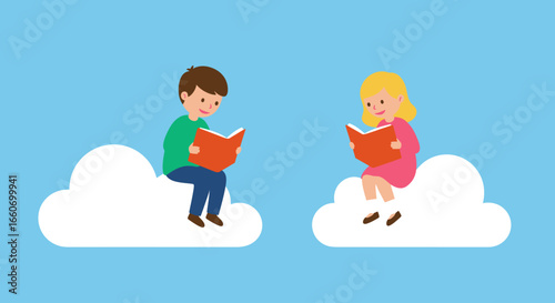 A young boy and girl sit on separate fluffy clouds in a blue sky, engrossed in reading their books.