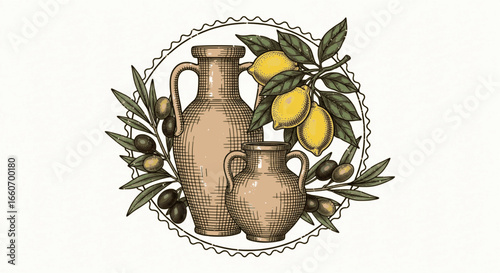 Vintage illustration of two terracotta amphorae surrounded by olive branches with lemons and olives.