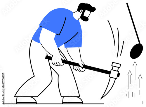 Strong man wielding a pickaxe in mid-swing to break ground, arrows point upward indicating progress and effort. Ideal for teamwork, leadership, labor, growth, perseverance, resilience, success