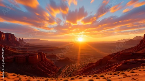 Desert Sunset Vista: An awe-inspiring panorama unfolds as the sun dips below the horizon, painting the desert landscape with fiery hues and casting long shadows, offering a breathtaking view.