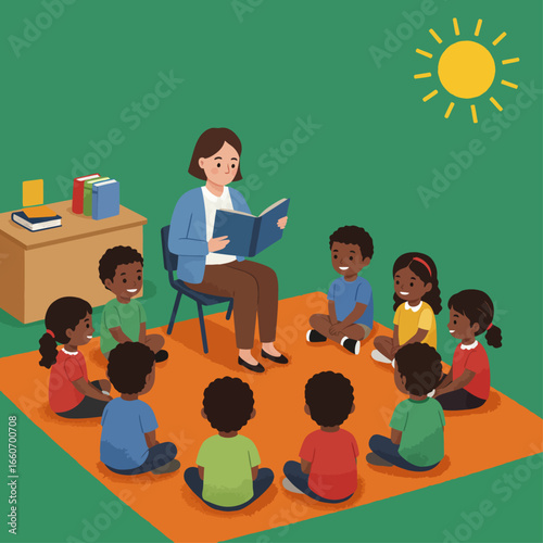 A female teacher reads a storybook aloud to a diverse group of young children sitting in a circle on a mat, learning in a classroom setting.