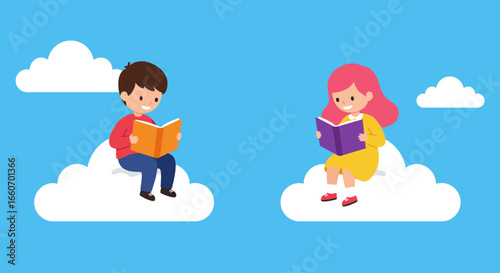 A young boy and a girl happily reading books while sitting on separate fluffy white clouds.