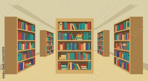 A vector illustration of a library aisle with tall wooden bookshelves filled with colorful books.