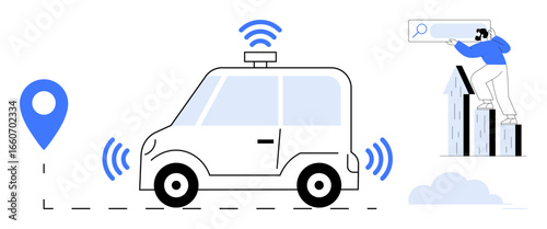 Self-driving car emitting signals near location marker and man analyzing data on bar graphs. Ideal for transportation, technology, innovation, navigation, data analysis, research, efficiency. Simple