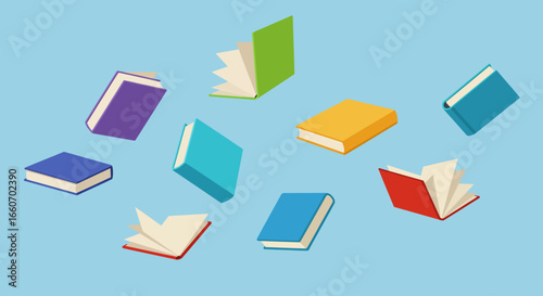 A collection of colorful, open and closed books floating in a light blue, empty space, suggesting learning and imagination.