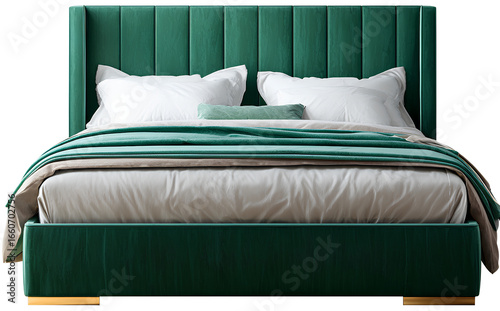  Modern bed with headboard and green velvet, transparent background PNG cutout. 