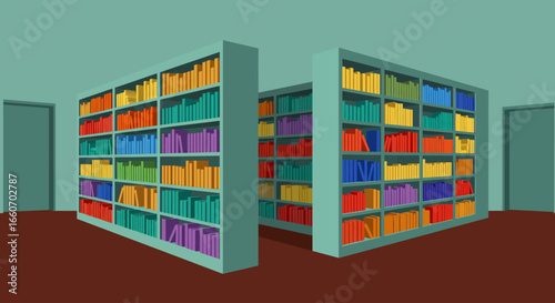 Colorful bookshelves filled with books, positioned in a room with doors.