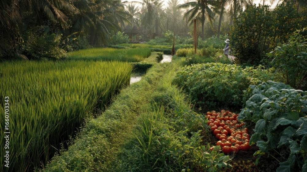 Fototapeta premium Green paddy field with tomatoes