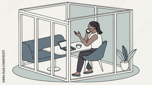 Black woman on phone call in modern glass office cubicle.