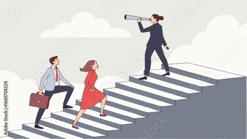 Business Team Climbing Stairs with Leader Using Telescope for Vision.