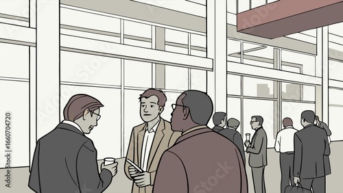Businessmen Networking in Modern Building Atrium.
