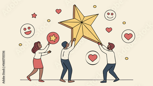 Collaborative Teamwork Lifting a Giant Golden Star.