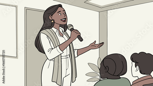 Confident Woman Giving Presentation with Microphone.