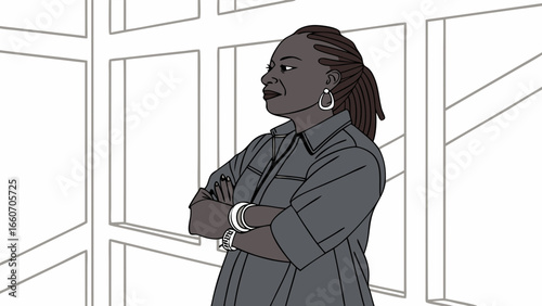 Confident Woman with Braids and Arms Crossed in Gray Shirt.