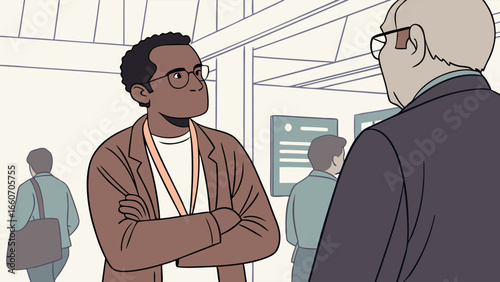 Confident Young Black Man in Brown Jacket at Conference.