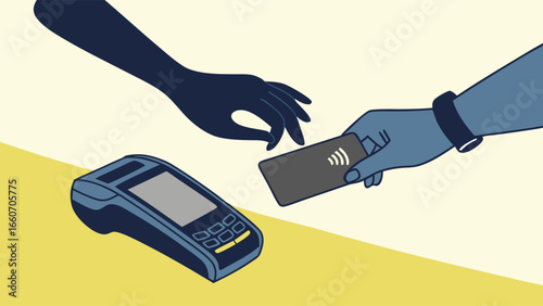 Contactless Payment Illustration with Card Terminal and Hands.